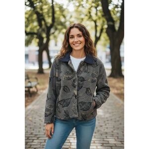 Vintage David Paul New York gray leaf print faux sherpa jacket button medium